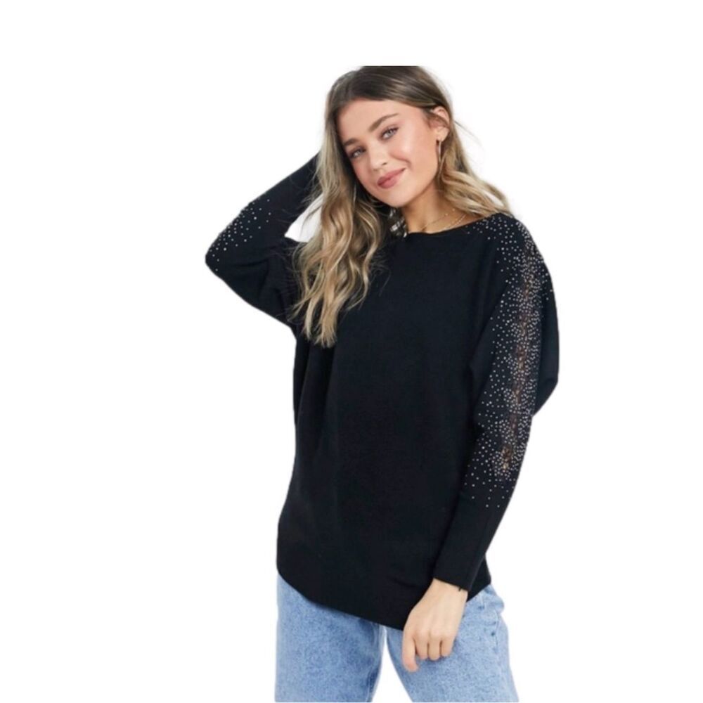 New sweet rain Black NWT Crew Neck Sweater With Rhinestone Embellishment Sz M